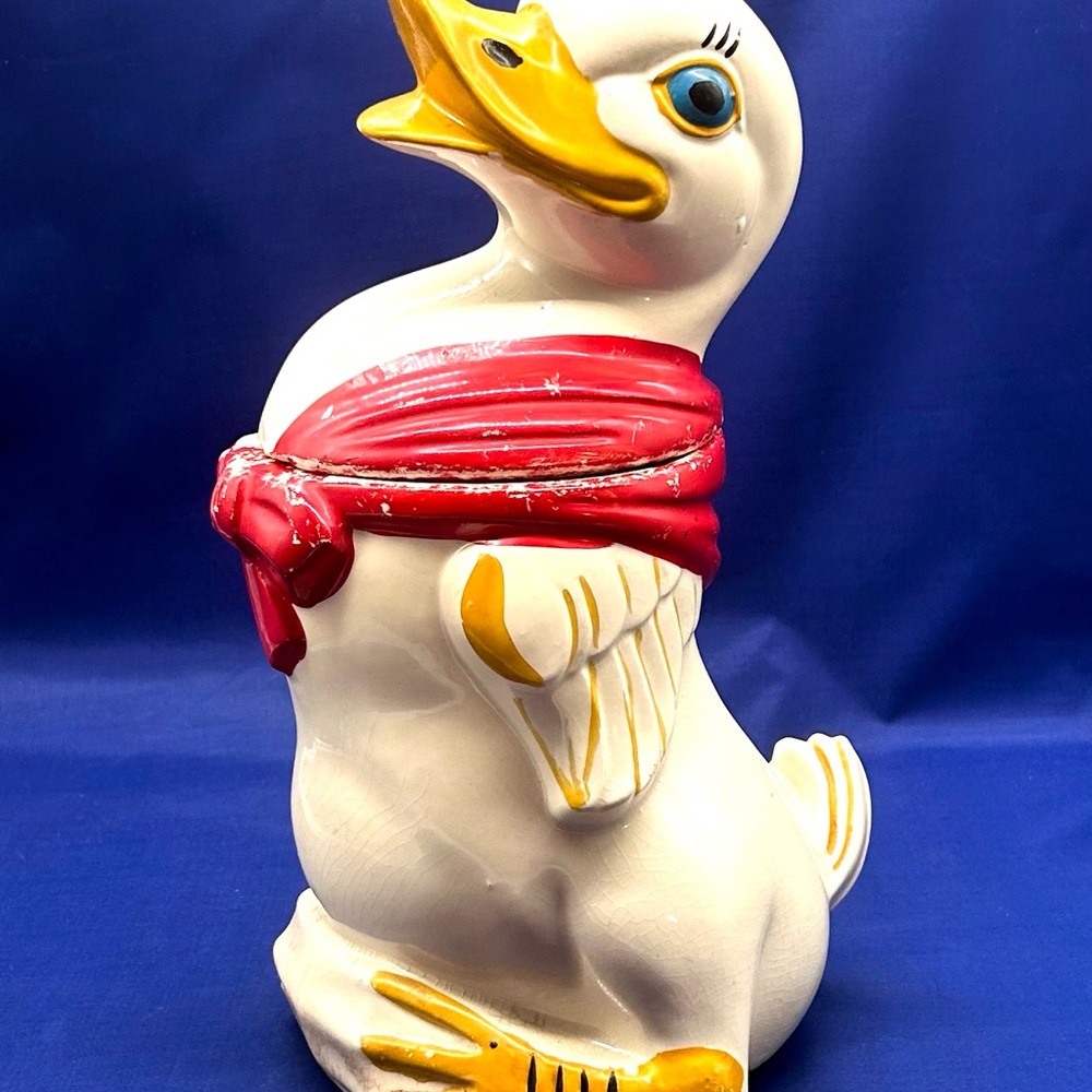 Vintage Ceramic Duck Cookie Jar Red Scarf Crackle Glaze Farmhouse Decor
